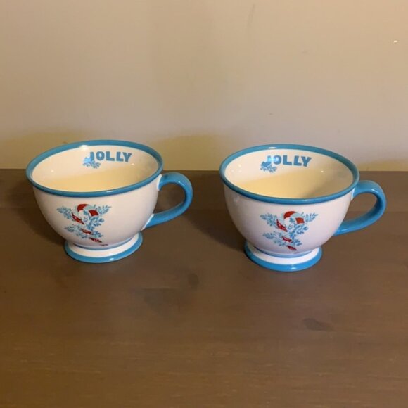 Starbucks “Jolly” 10 Oz. White and Blue Ceramic Candy Cane Mugs - Picture 2 of 7